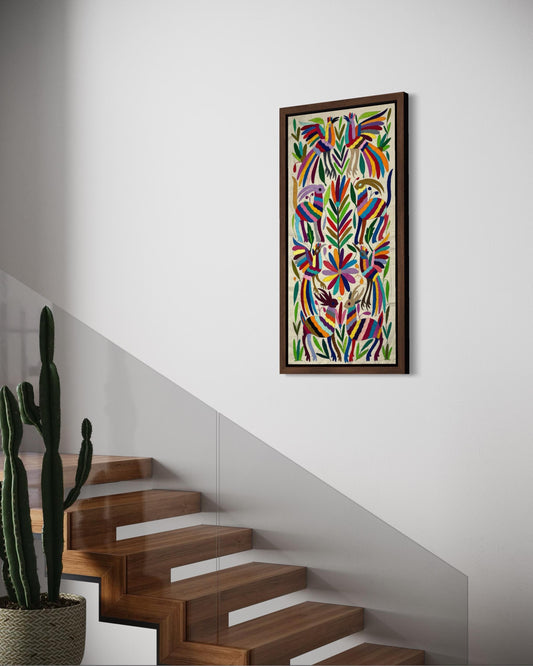 Tapizado Tenango Bordado y Hecho a Mano-Textil Mexicano Moderno en Vertical de Varios Colores Combinados en XL 97 cm x 45 cm (SIN MARCO)