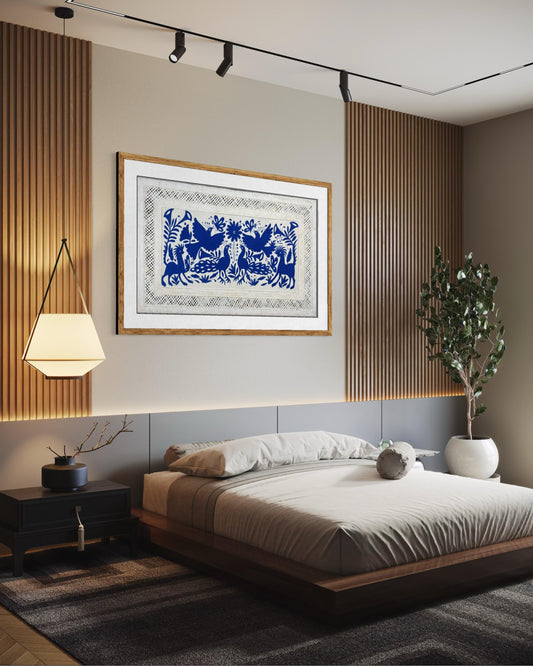 Arte Mural Mexicano en Papel Amate con Bordado Tenango Hecho a Mano, Color Azul XXL 47.2 in X 27.5 in (SIN MARCO)