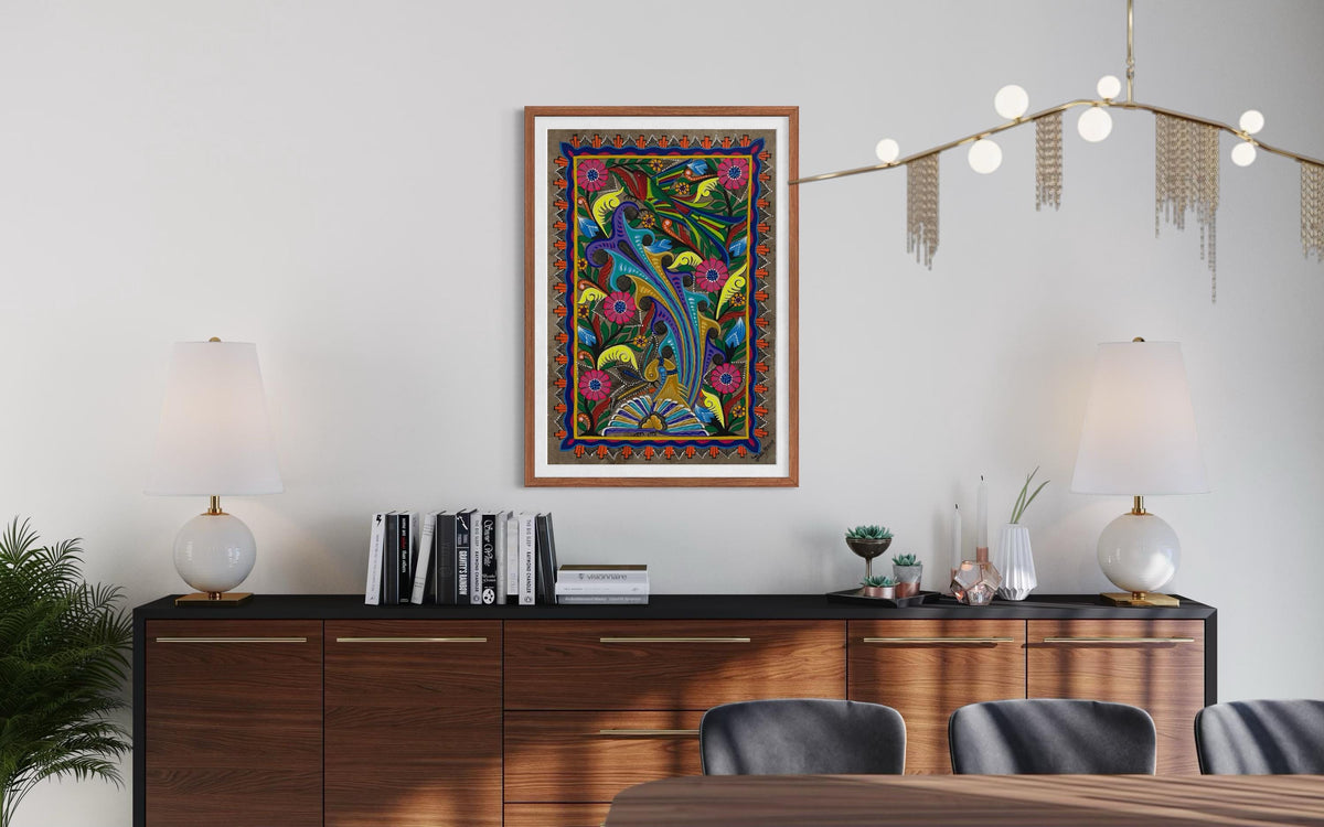 Papel Amate Mexicano Hecho a Mano,Arte Original de Ave Majestuosa y Flores Vibrantes,Obra Única de Colección, 40 cm x 60 cm (Sin Marco)