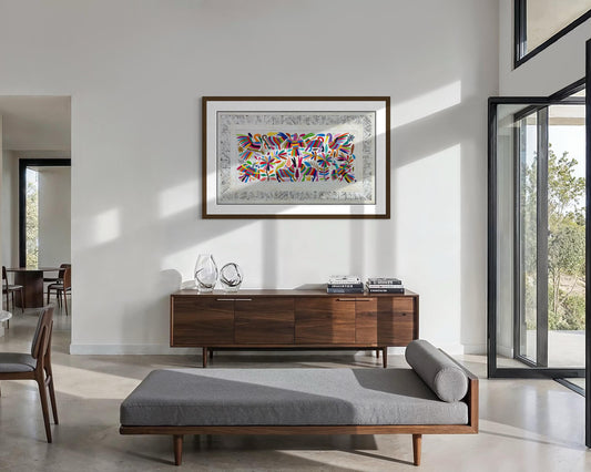 Arte Mural Mexicano Hecho a Mano en Papel Amate y Bordado Tenango-Arte Otomi Moderno en Formato Horizontal XXL 47.2 x 27.5 (SIN MARCO)