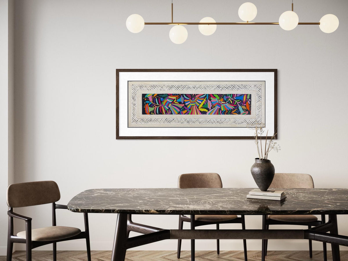 Arte Mural Mexicano de Papel Amate con Bordado Tenango Hecho a Mano XL 47.2 x 15.7 -Arte Otomi Moderno (SIN MARCO)