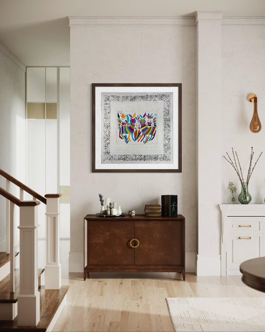 Arte Mural Mexicano Moderno en Papel Amate Y Bordado Tenango Hecho a Mano XL de 28 inx 28 in (SIN MARCO)
