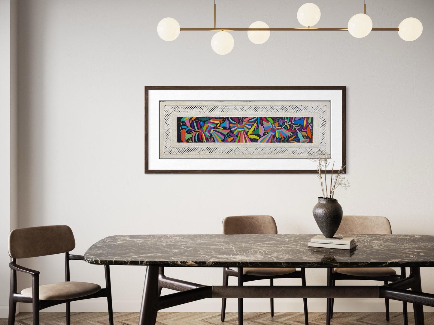Arte Mural Mexicano de Papel Amate con Bordado Tenango Hecho a Mano XL 47.2 x 15.7 -Arte Otomi Moderno (SIN MARCO)
