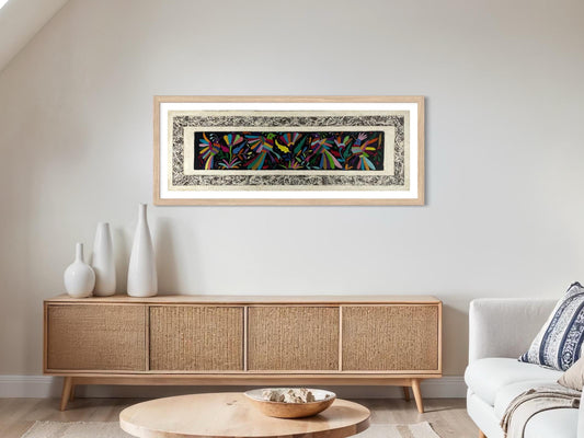 Arte Mural Mexicano en Papel Amate con Bordado de Tenango Hecho a Mano- 47,2 x 15,7-Arte Bordado Otomí Moderno (SIN MARCO)
