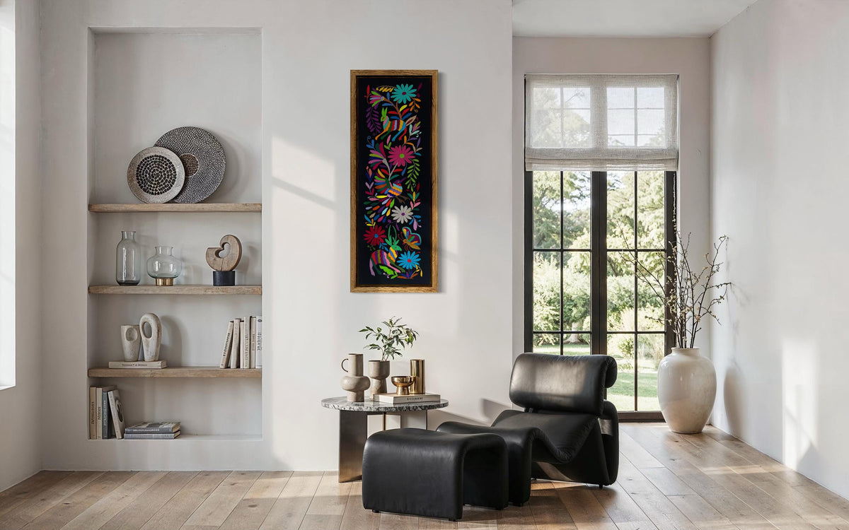 Bordado Tenango Hecho a Mano-Tapizado Otomi XL 107 cm x 30 cm, Arte Mexicano en Multicolor en Formato Vertical (SIN MARCO)