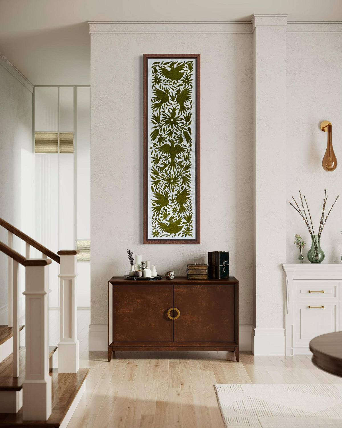 Enorme Bordado Tenango Hecho a Mano en Color Verde Olivo, Camino de Mesa/Tapizado Otomi, XXL 191 cm x 45 cm (Sin Marco) PIEZA ÚNICA.