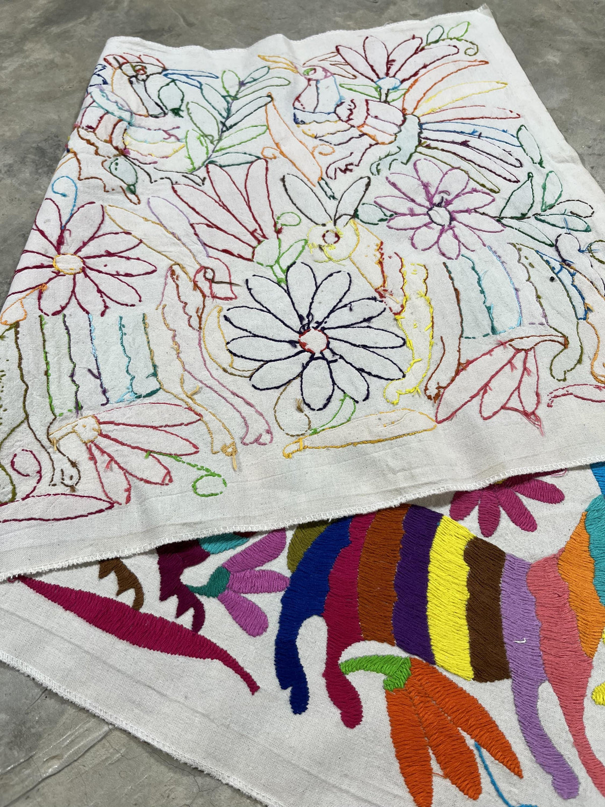 Enorme Bordado Tenango Hecho a Mano en Multicolor-Bordado Otomi en Vertical XXL 191 x 45 cm (SIN MARCO)
