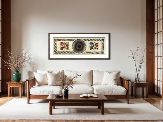 Arte Mural Mexicano en Papel Amate con Bordado de Tenango Hecho a Mano- 120 cm x 40 cm-Arte Bordado Otomí Moderno (SIN MARCO)