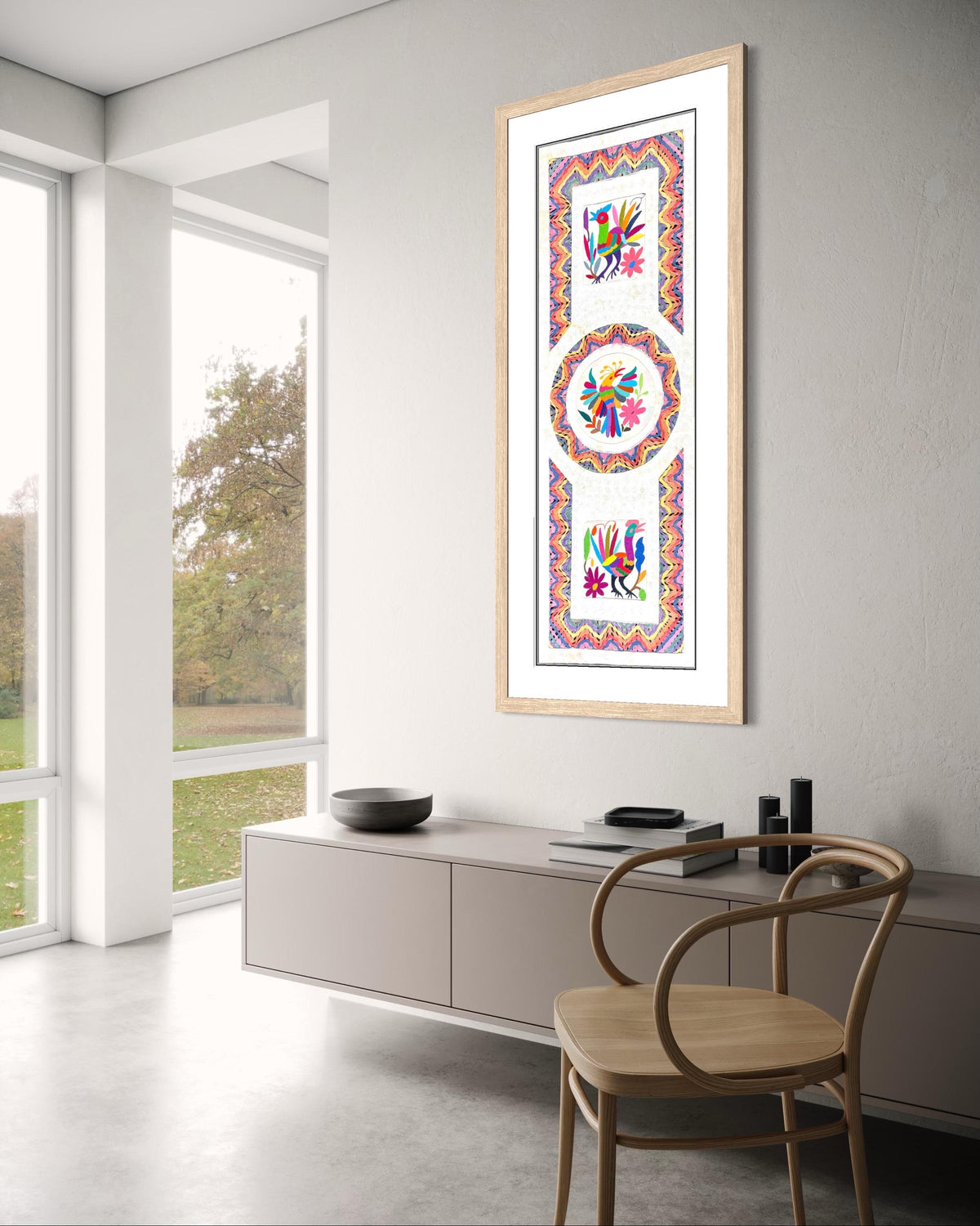 Arte Mural Mexicano en Papel Amate con Bordado de Tenango Hecho a Mano- 47,2 x 15,7 -Arte Otomí Teñido (SIN MARCO)