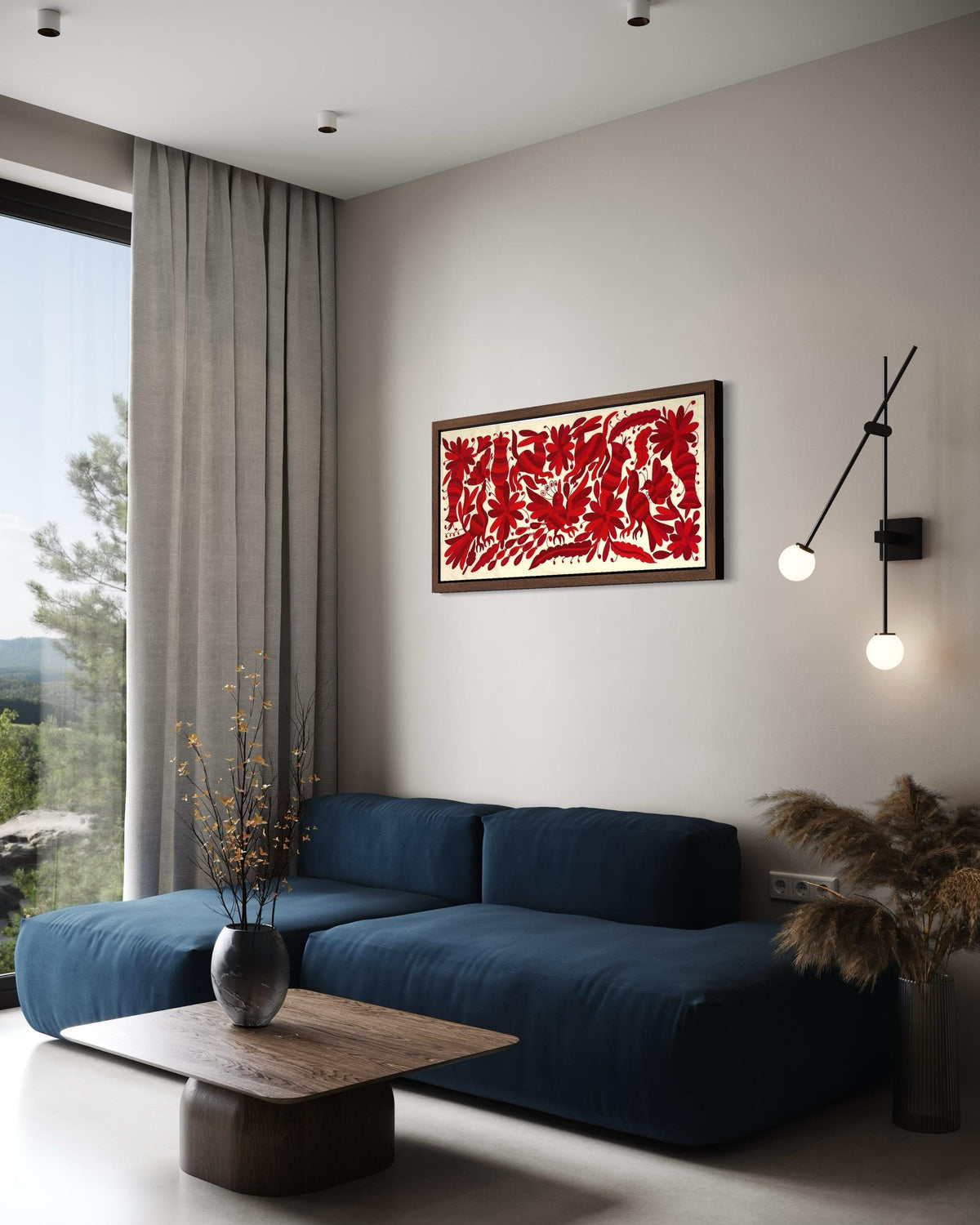 Bordado Tenango Hecho a Mano,Tapizado Otomi Moderno en Tres Colores de Rojo Combinados, Textil Mexicano XL 95 cm x 46 cm