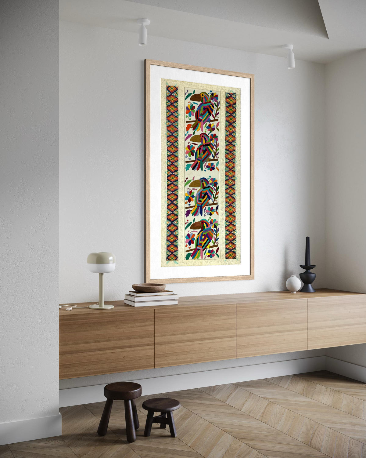 Arte Mural Mexicano en Papel Amate  y Bordado Tenango Hecho a Mano-Arte Otomi Moderno Teñido XXL 42.7 in x 23.6 in (SIN MARCO)