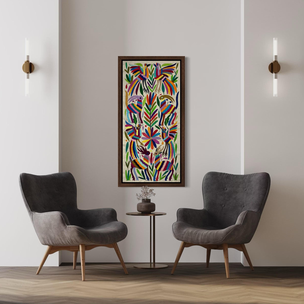 Tapizado Tenango Bordado y Hecho a Mano-Textil Mexicano Moderno en Vertical de  Varios Colores Combinados en XL 97 cm x 45 cm (SIN MARCO)