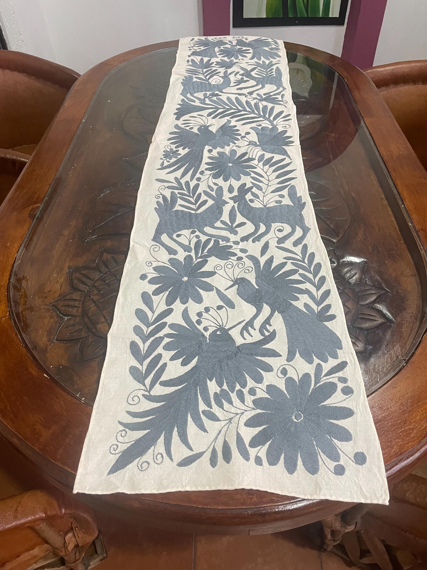 Tapiz Otomi Hecho a Mano en Color Gris Azulado/Arte y Textil Decorativo Otomi XL 152 cm x 33 cm (SIN MARCO)