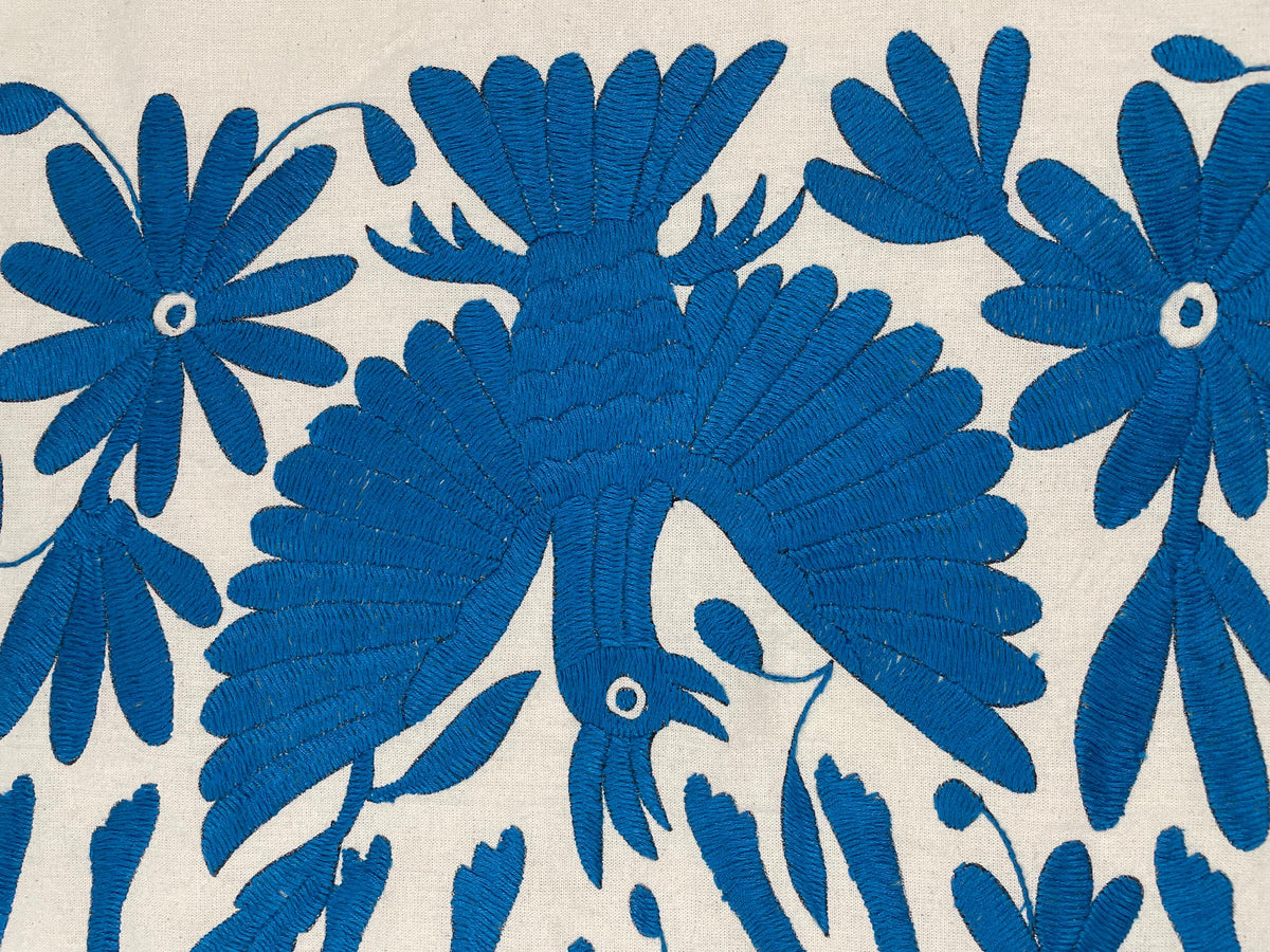 Tapizado Bordado Tenango Hecho a Mano-Arte Otomí Mexicano Moderno en Color Azul Turquesa XL 96 cm x 45 cm-(SIN MARCO)