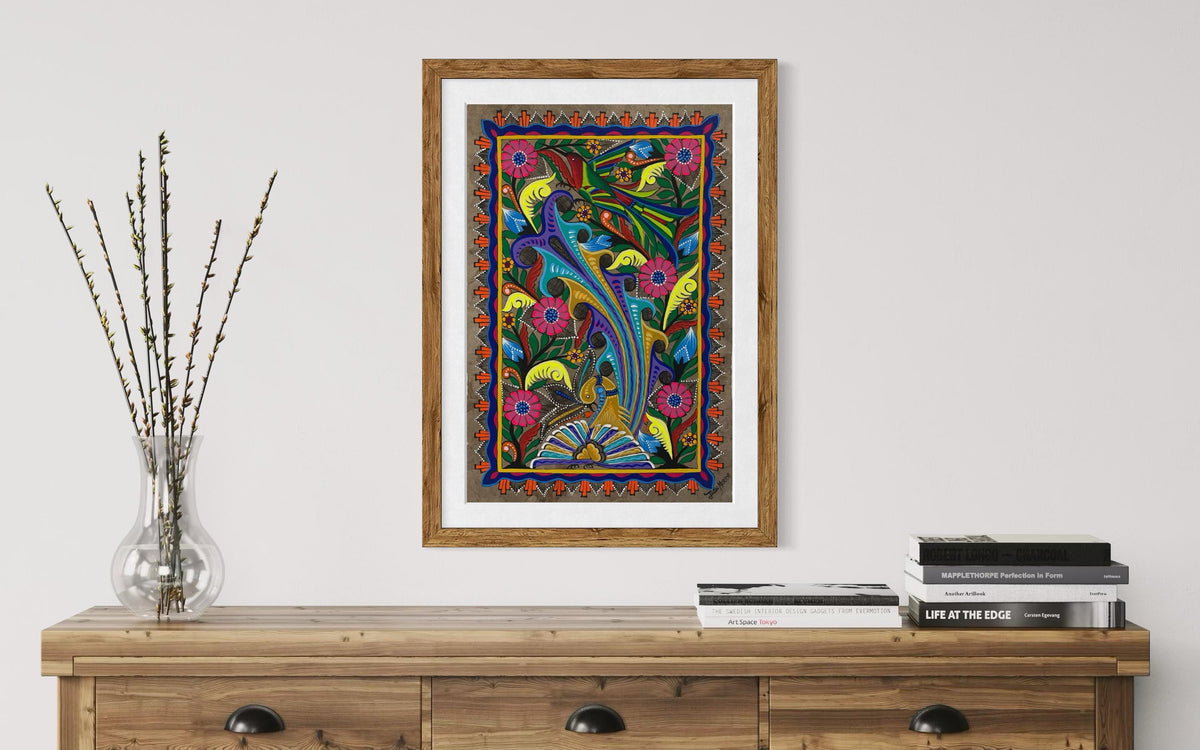 Papel Amate Mexicano Hecho a Mano,Arte Original de Ave Majestuosa y Flores Vibrantes,Obra Única de Colección, 40 cm x 60 cm (Sin Marco)