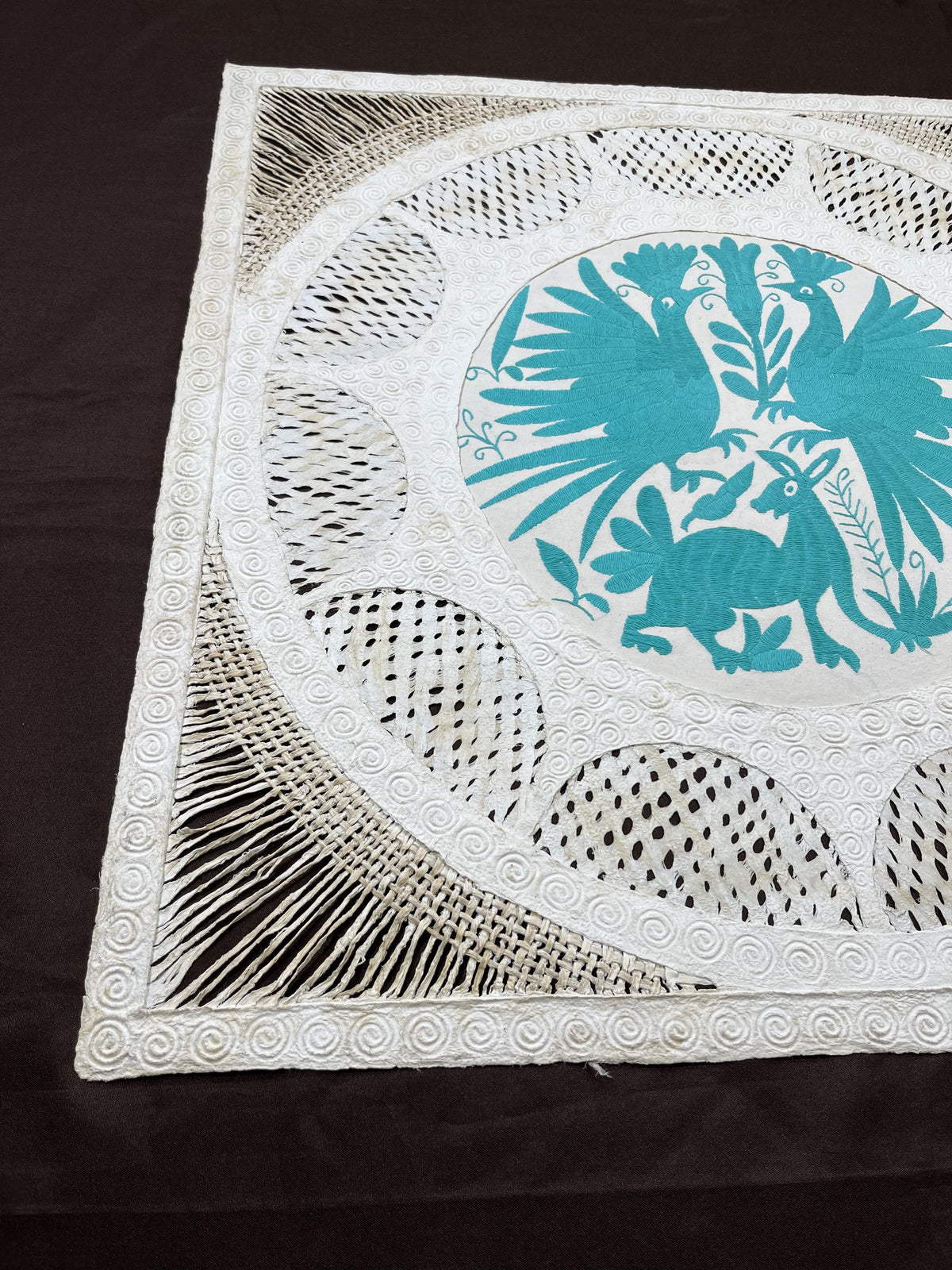 Arte Mural Mexicano en Papel Amate y Bordado Tenango Hecho a Mano-Verde Azulado-XL 31 x 31 in-Arte Otomi Moderno (SIN MARCO) Estilo Estrella