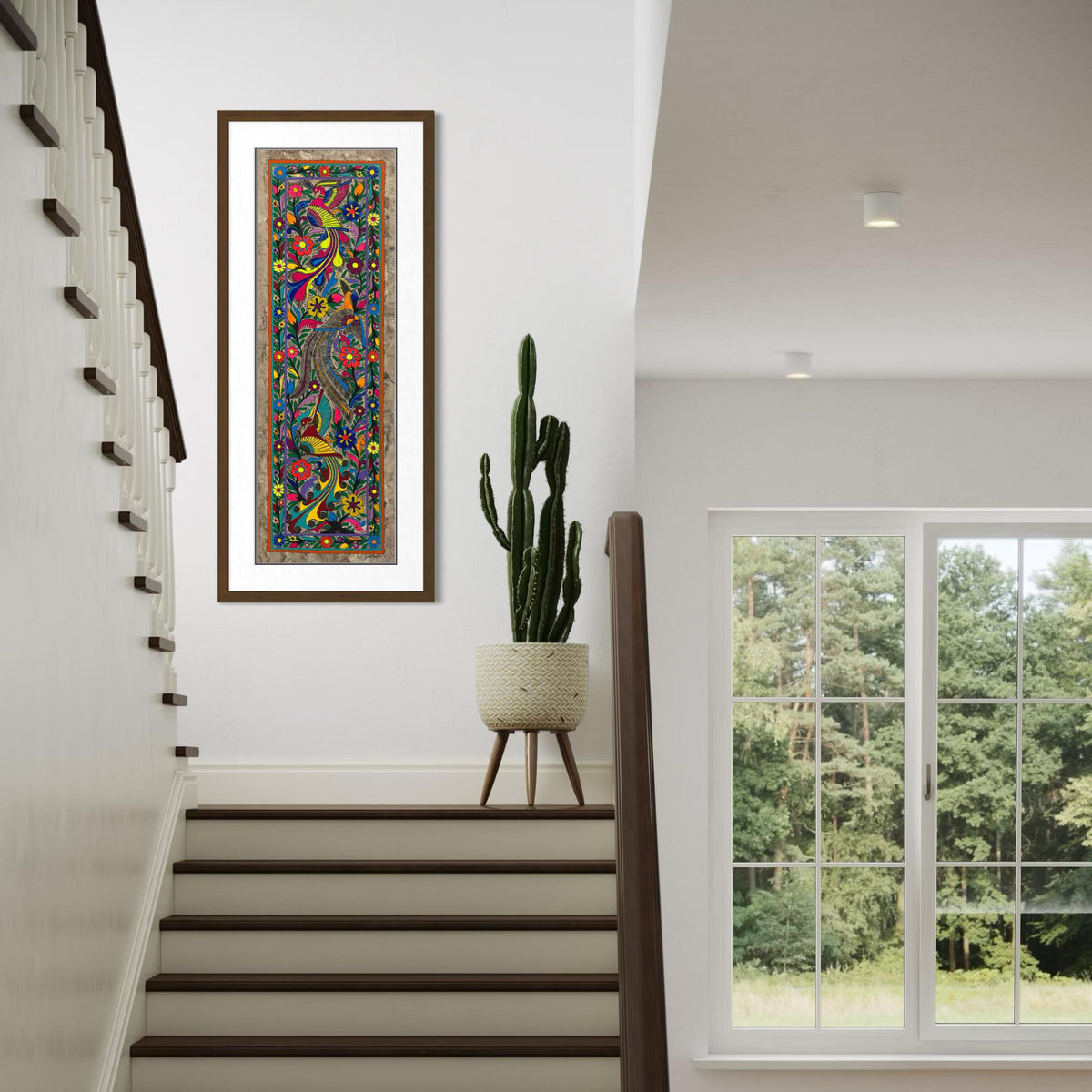 Arte Mexicano de Aves Exóticas sobre Papel Amate, Pintura Hecha a Mano, Decoración de Pared de Lujo/Obra Original 120 cm x 40 cm (Sin Marco)
