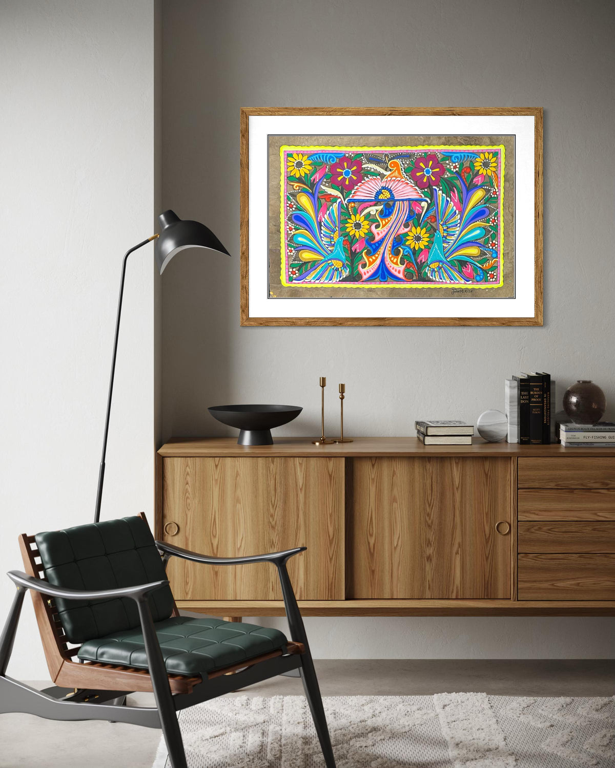 Pintura Tradicional Mexicana sobre Papel Amate Hecho a Mano, Arte Otomi Original con Aves y Flores, Obra Única de Colección (Sin Marco)