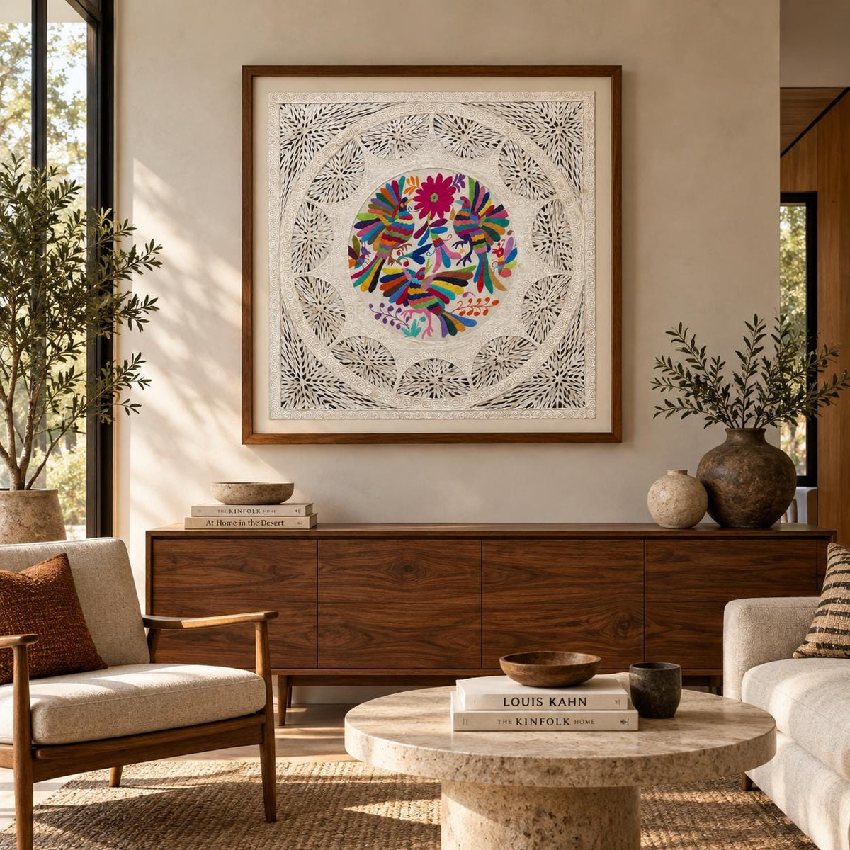 Arte Mural en Papel Amate Fusionado con Bordado Tenango Hecho a Mano-XL 31 x 31-Arte Mexicano Moderno (SIN MARCO)