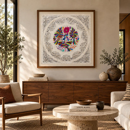 Arte Mural en Papel Amate Fusionado con Bordado Tenango Hecho a Mano-XL 31 x 31-Arte Mexicano Moderno (SIN MARCO)