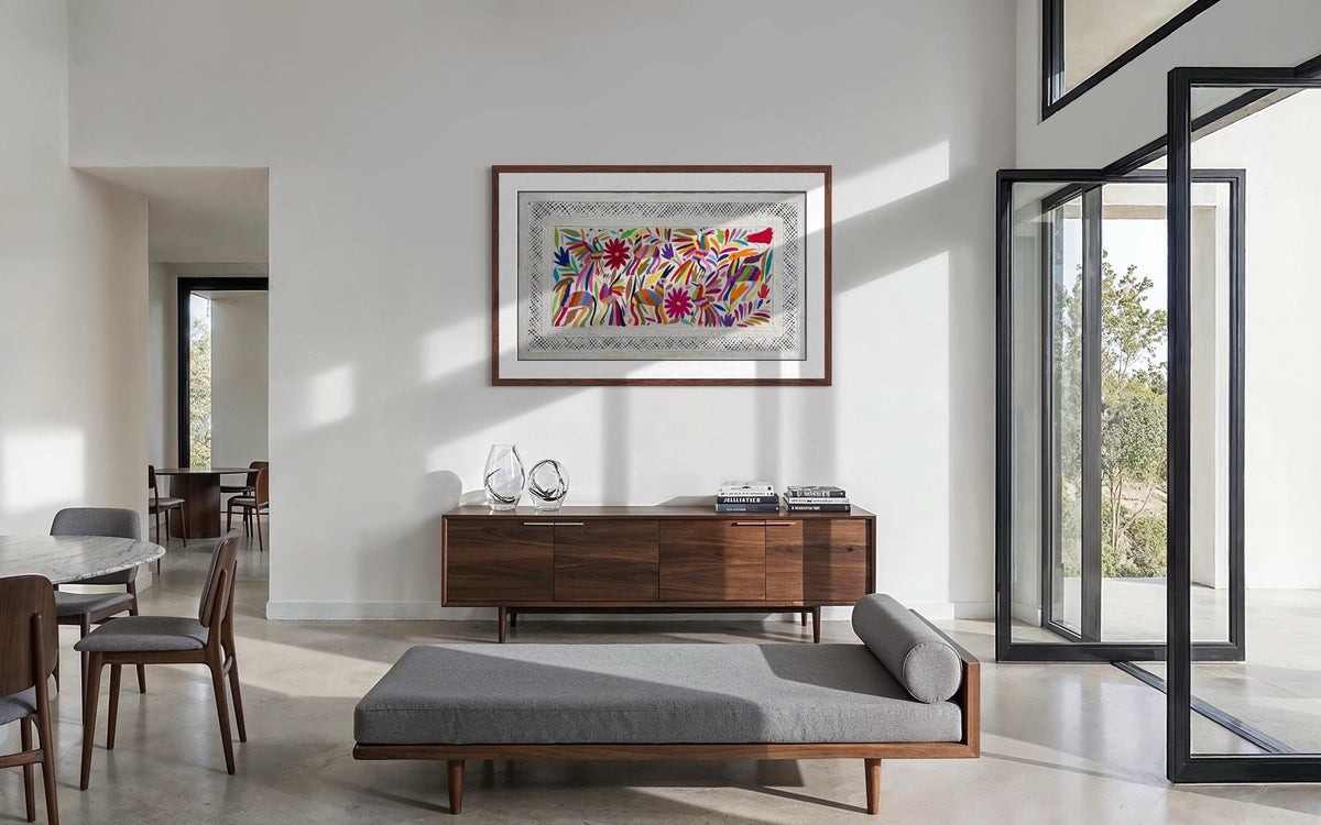 Enorme Arte Mural Mexicano en Papel Amate y Bordado Tenango Hecho a Mano-Arte Otomí Decorativo Moderno XXL 47.2 in x 27.5 in (SIN MARCO)