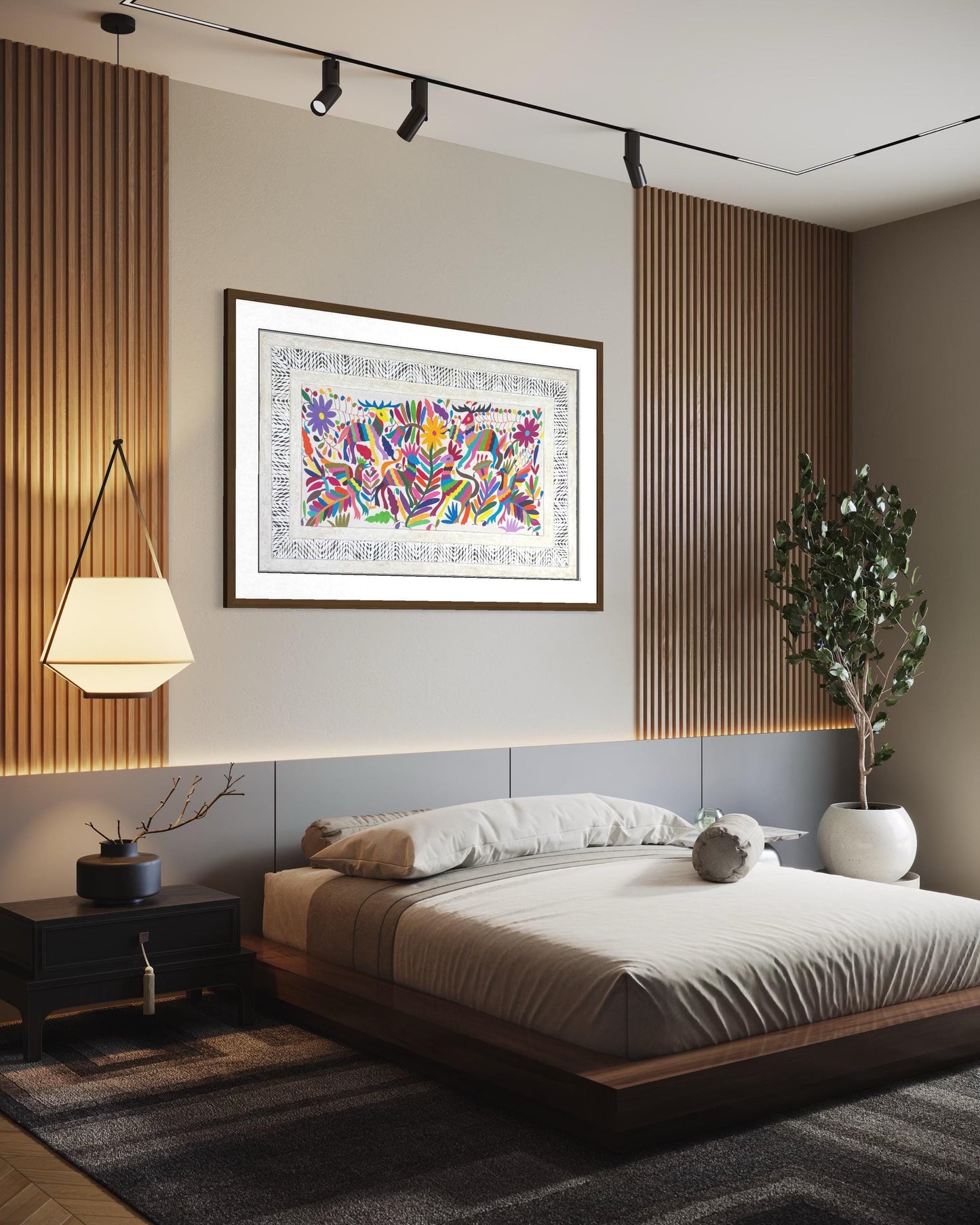 Enorme Arte Mural Mexicano en Papel Amate y Bordado Tenango Hecho a Mano-Arte Otomí Decorativo Moderno XXL 47.2 in x 27.5 in (SIN MARCO)
