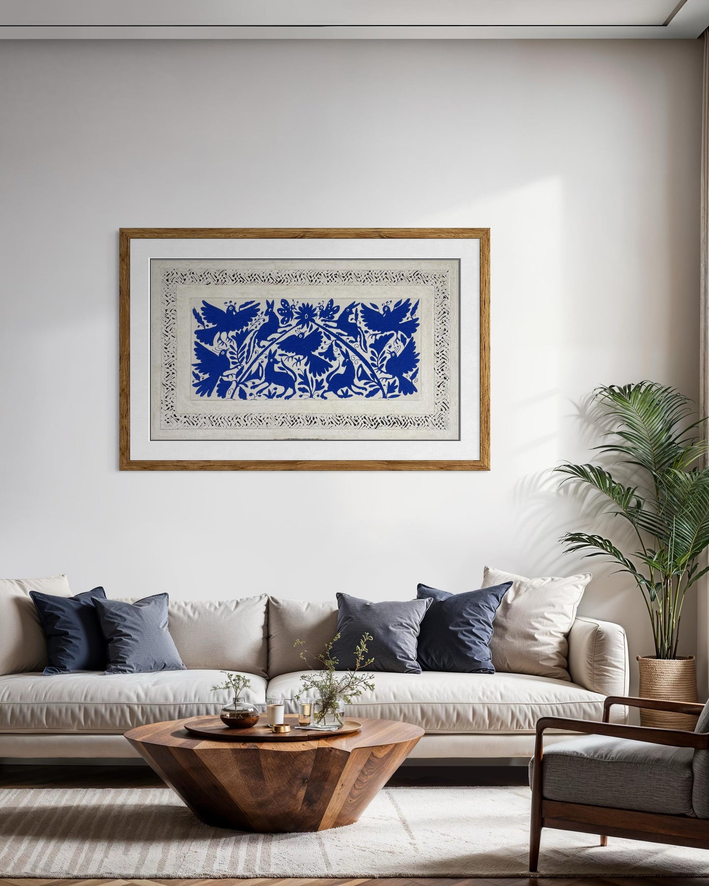 Enorme Arte Mural Mexicano en Papel Amate con Bordado Tenango Hecho A Mano Color Azul XXL 120 cm x 70 cm (SIN MARCO)