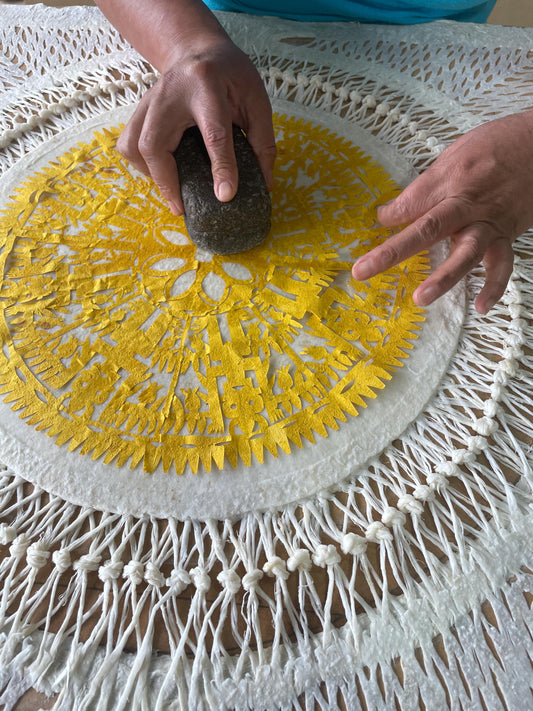 Otomí Ritual Papel Picado Wall Art – Handcrafted Bark Paper Mandala – Mexican Folk Art 23x23 in" (Unframed)