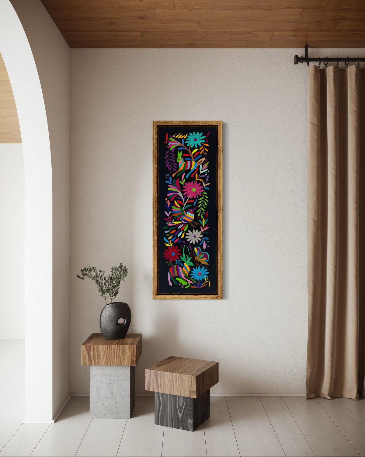 Bordado Tenango Hecho a Mano-Tapizado Otomi XL 107 cm x 30 cm, Arte Mexicano en Multicolor en Formato Vertical (SIN MARCO)