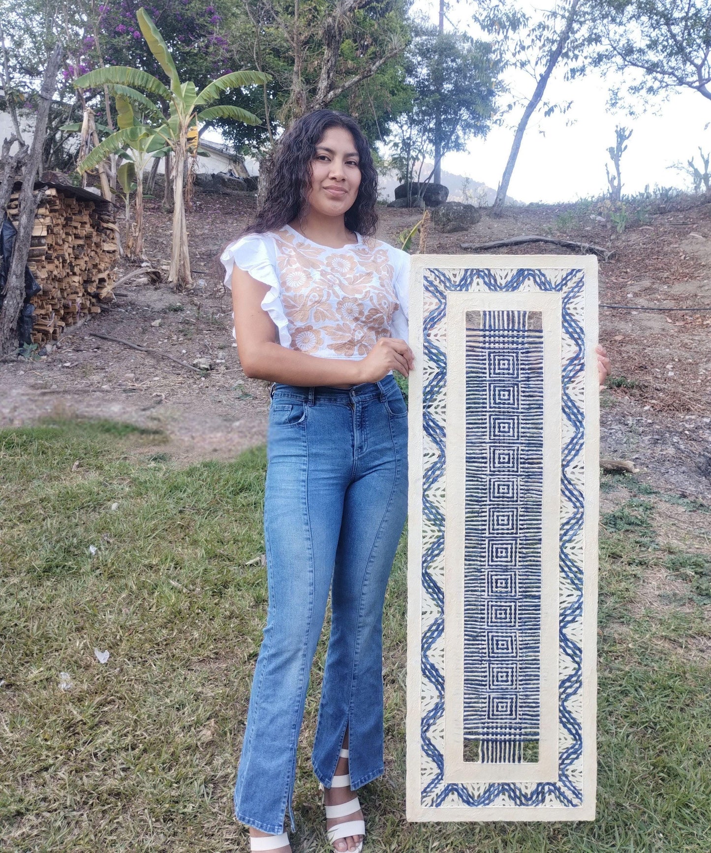 Arte Mural Mexicano Moderno en Papel Amate Hecho a Mano-Arte Otomí de 47.2 x 15.7 (SIN MARCO)