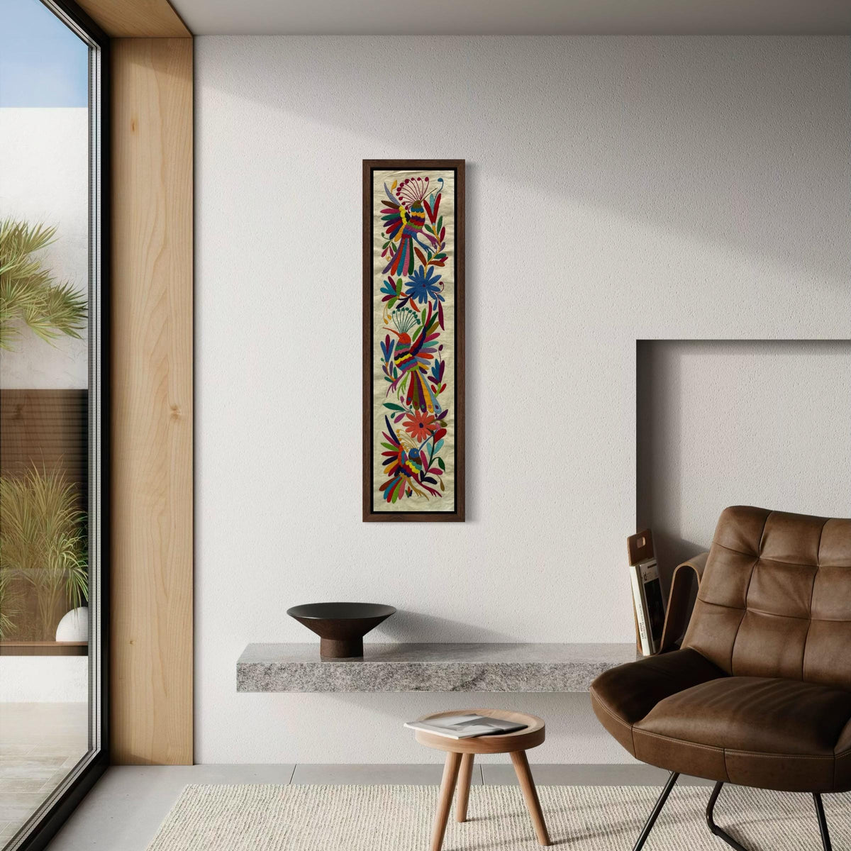 Bordado Tenango Hecho a Mano-Tapiz Otomi XL 98 cm x 23 cm-Arte Mexicano en Multicolor de Forma Vertical
