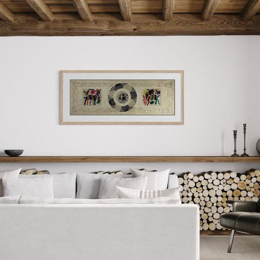 Arte Mural Mexicano en Papel Amate con Bordado de Tenango Hecho a Mano- 120 cm x 40 cm-Arte Bordado Otomí Moderno (SIN MARCO)