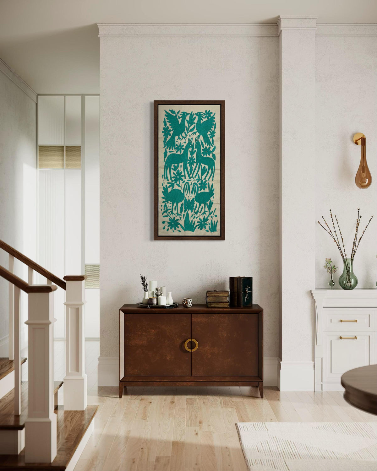 Tapizado Tenango Bordado y Hecho a Mano- Textil Otomi Mexicano Moderno en Color Verde Azulado XL 98 cm x 46 cm(SIN MARCO)