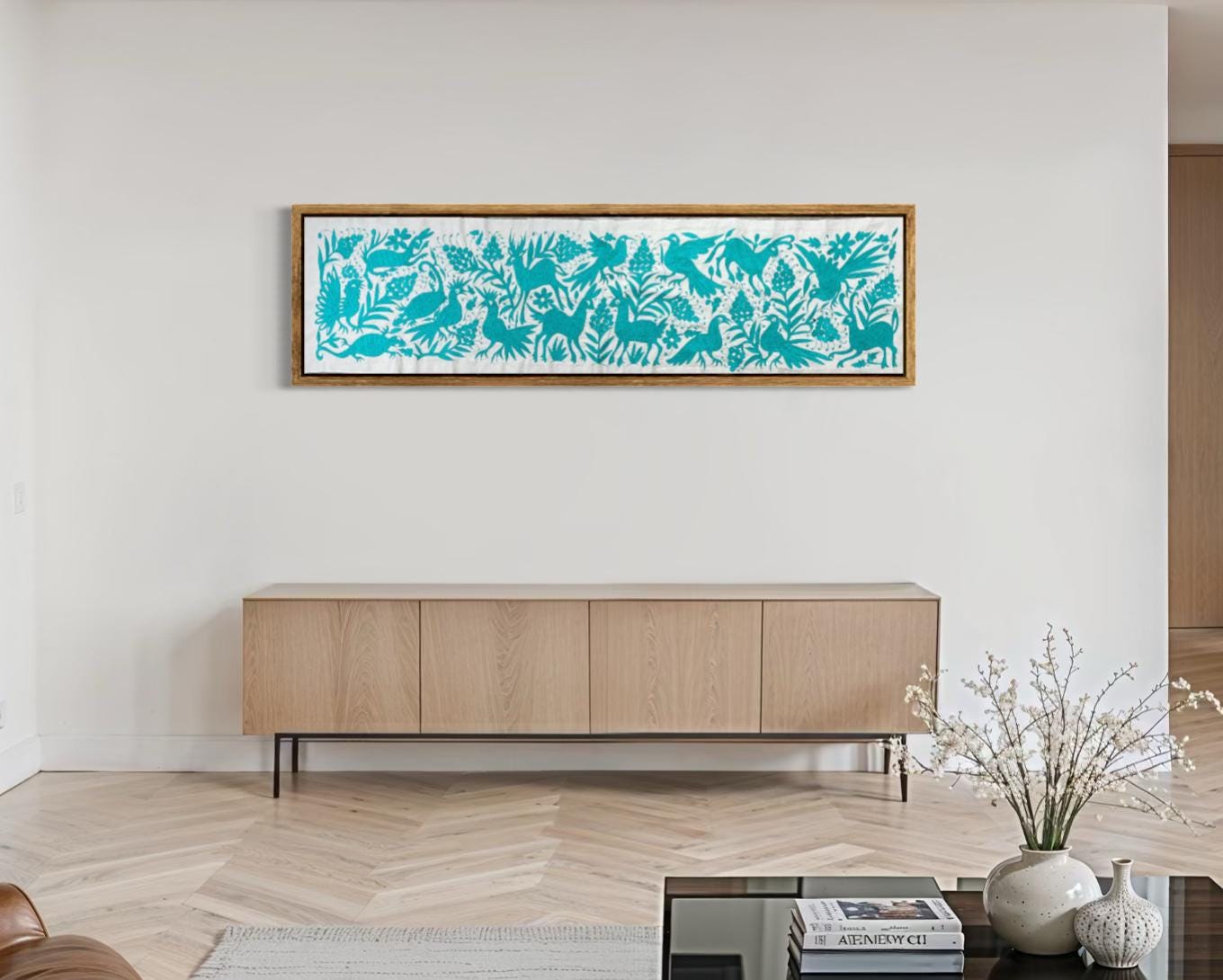 Enorme Bordado Tenango Hecho a Mano en Color Azul, Camino de Mesa Otomi, Tapizado Bordado XXL 189 cm x 46 cm  (Sin Marco) PIEZA ÚNICA.