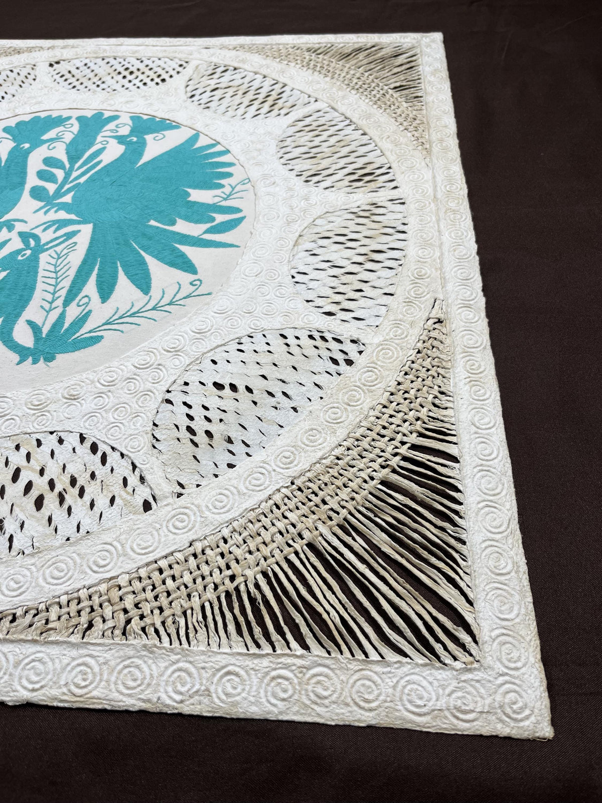 Arte Mural Mexicano en Papel Amate y Bordado Tenango Hecho a Mano-Verde Azulado-XL 31 x 31 in-Arte Otomi Moderno (SIN MARCO) Estilo Estrella