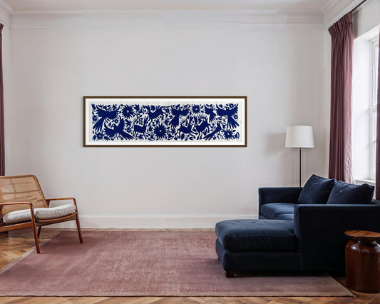 Bordado Otomi Hecho a Mano en Color Azul Marino, Tapizado Otomi Horizontal, Textil Mexicano XXL 190 cm x 44 cm (SIN MARCO) Flores y Aves.