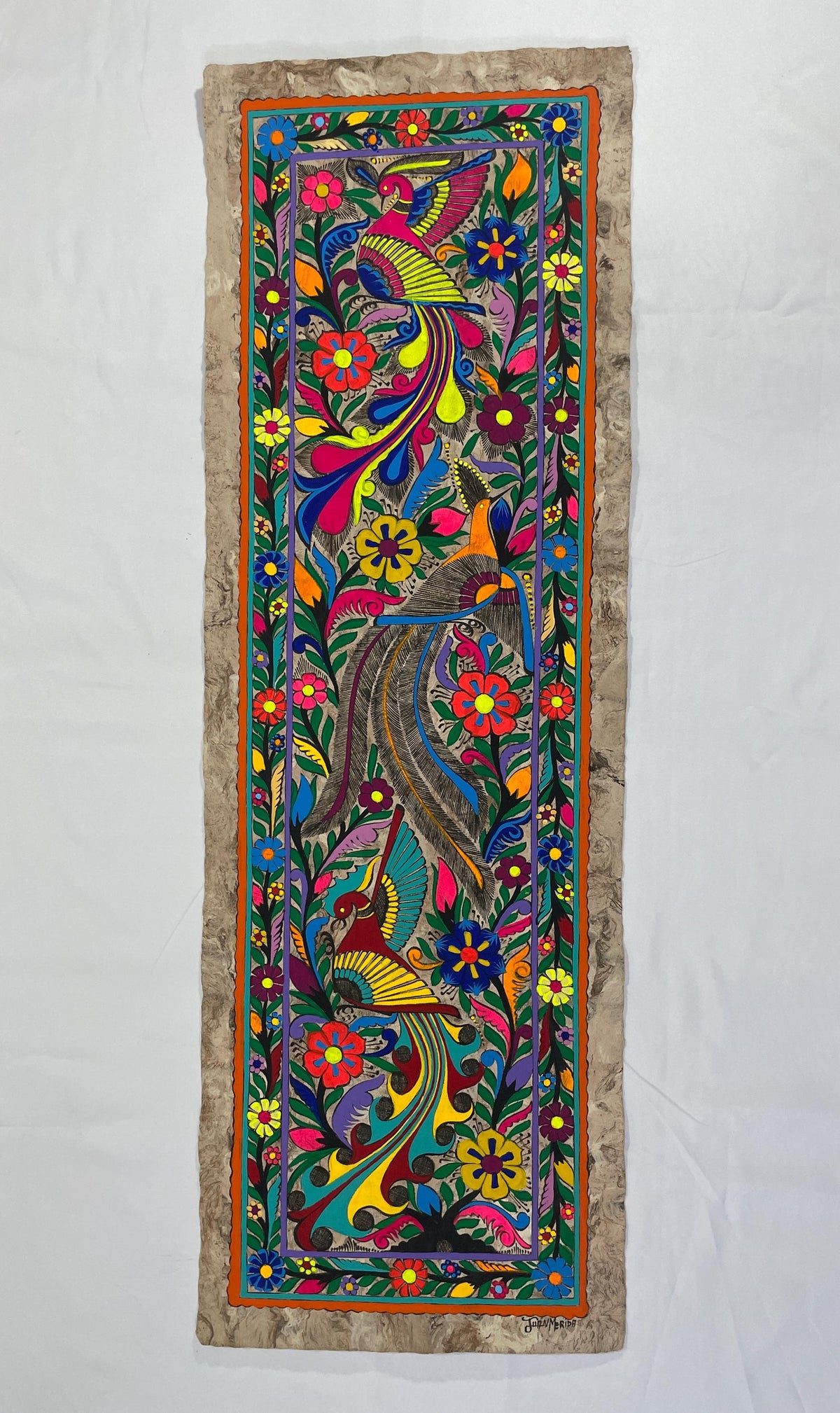Arte Mexicano de Aves Exóticas sobre Papel Amate, Pintura Hecha a Mano, Decoración de Pared de Lujo/Obra Original 120 cm x 40 cm (Sin Marco)