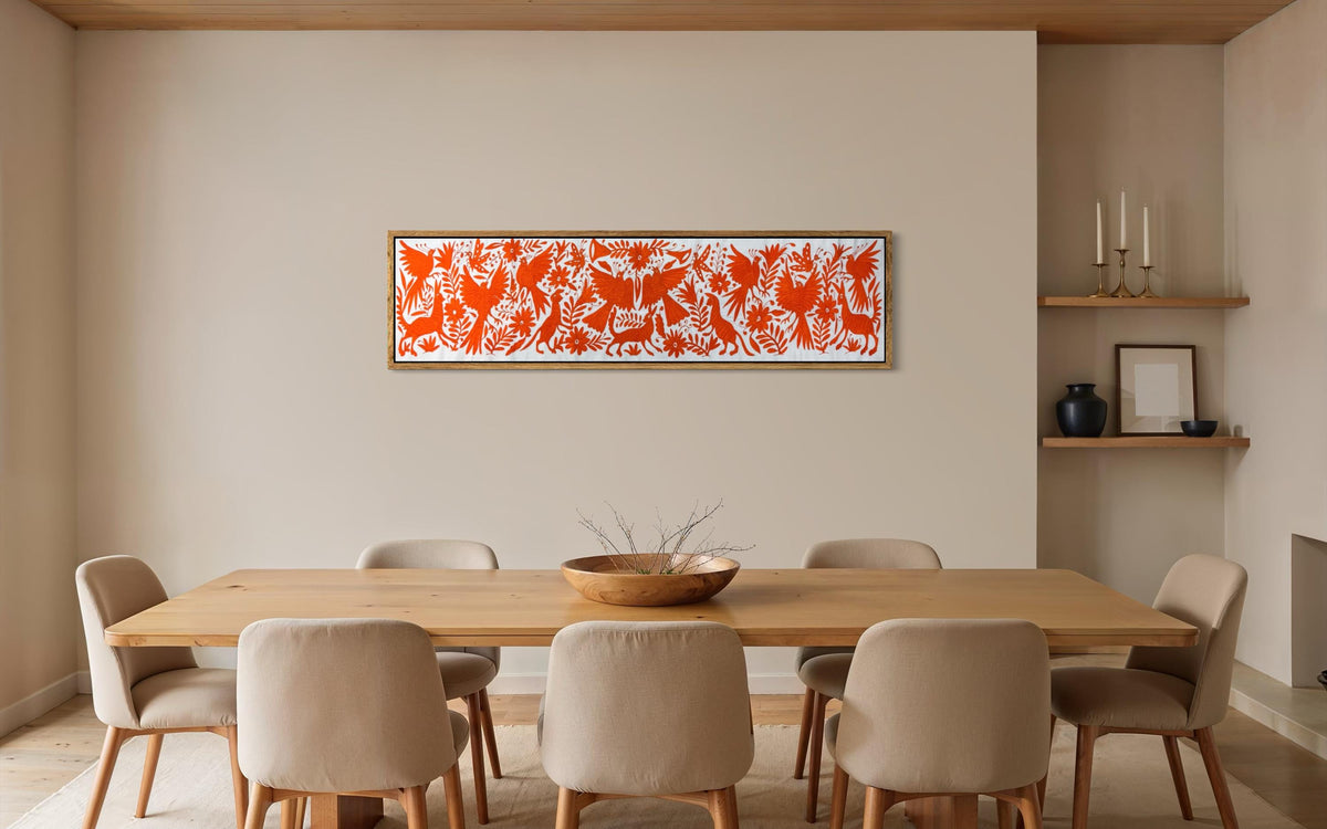 Bordado Tenango Hecho a Mano,Tapizado Otomi en Color Anaranjado XXL 190 cm x 43 cm-Textil Mexicano Moderno (SIN MARCO)