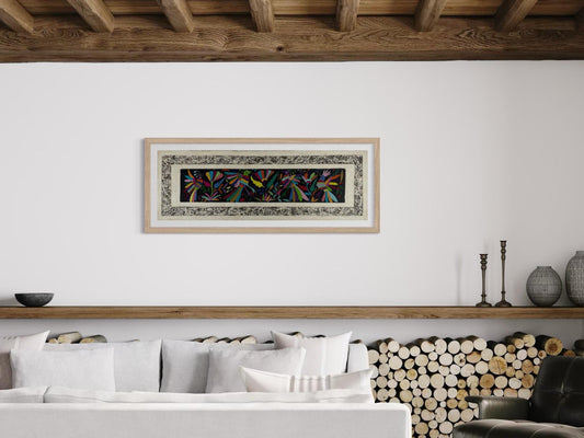 Arte Mural Mexicano en Papel Amate con Bordado de Tenango Hecho a Mano- 47,2 x 15,7-Arte Bordado Otomí Moderno (SIN MARCO)