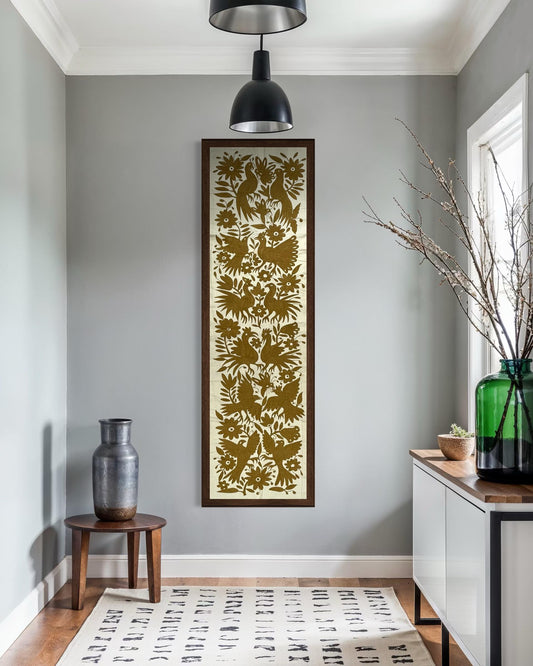 Tapiz Otomi Hecho a Mano en Color Dorado, Gran Bordado Otomi/Tenango XXL 188 cm x 46 cm
