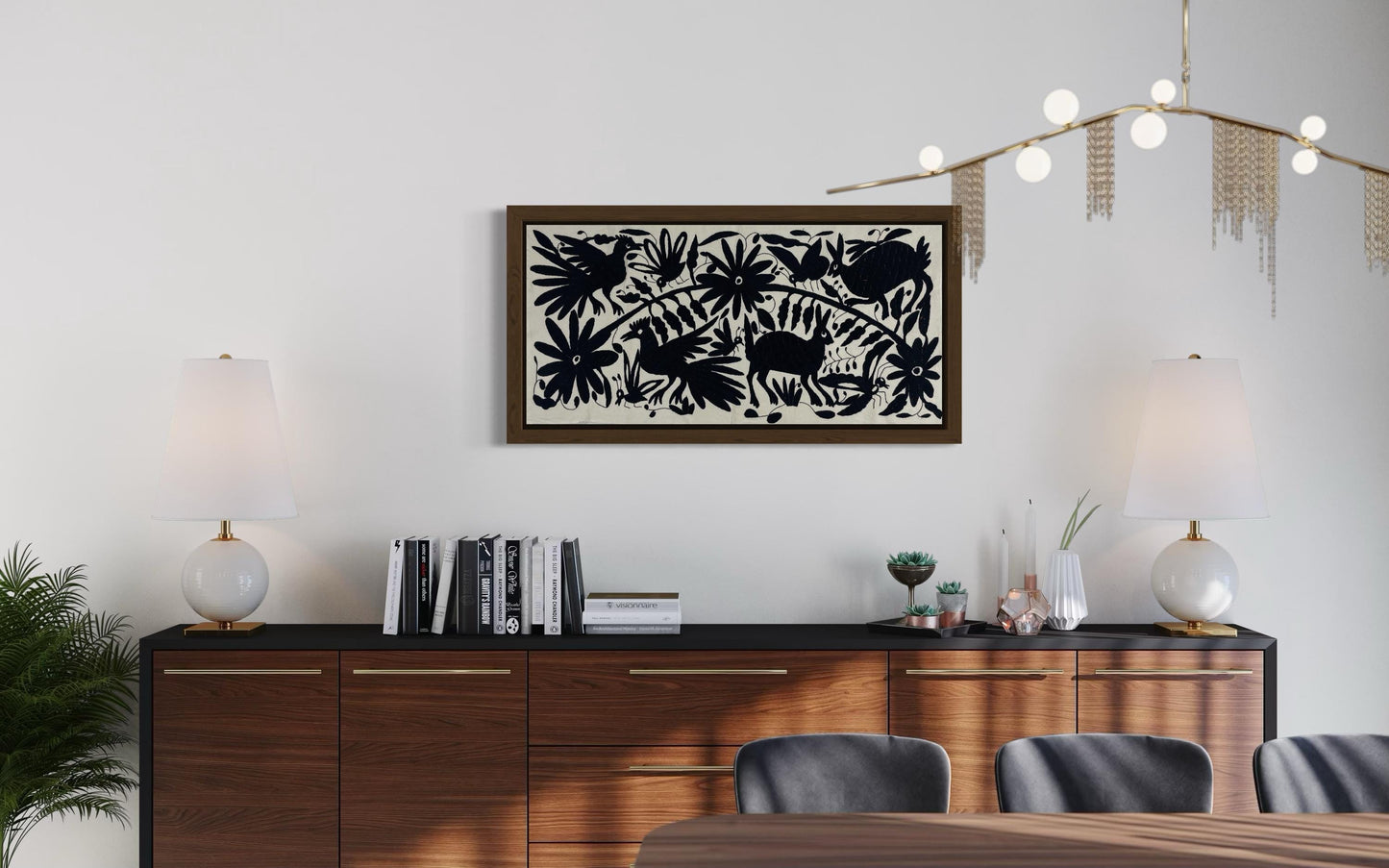 Bordado Tenango Hecho a Mano,Tapizado Otomi en Color Negro XL 94 cm x 45 cm-Textil Mexicano Moderno (SIN MARCO)