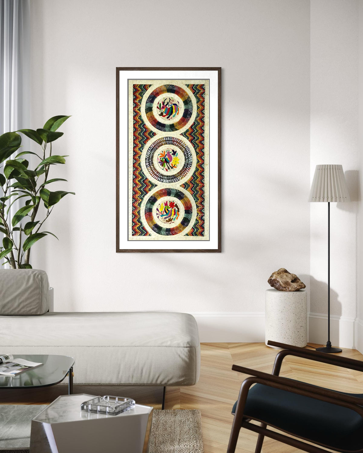 Arte Mural Mexicano en Papel Amat Teñido con Bordado Tenango Hecho A Mano-Arte Otomí Moderno XXL de 47.2 in X 23.6 in (SIN MARCO)