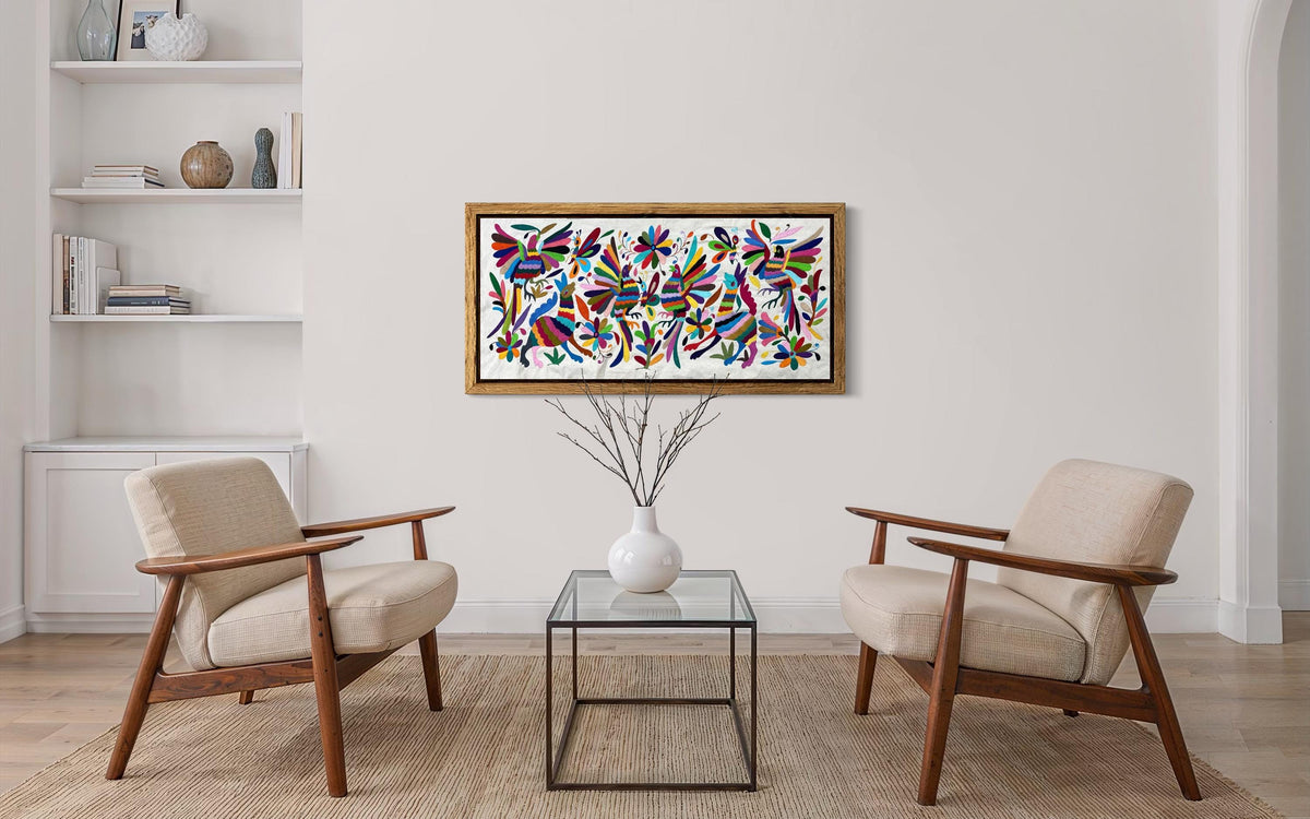 Textil Mexicano Tenango Bordado y Hecho a Mano, Tapizado Otomi Moderno en Multicolor,XL 93 cm x 44 cm (Sin Marco) Formato Horizontal