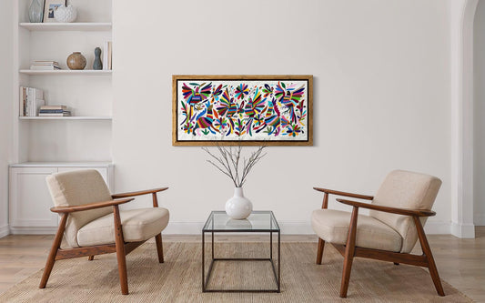 Textil Mexicano Tenango Bordado y Hecho a Mano, Tapizado Otomi Moderno en Multicolor,XL 93 cm x 44 cm (Sin Marco) Formato Horizontal