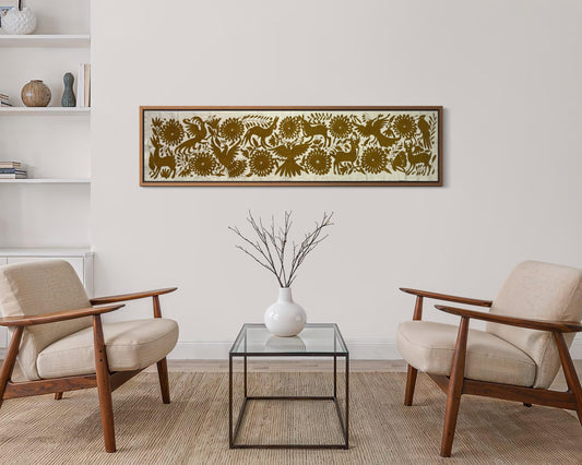 Enorme Bordado Tenango Hecho a Mano en Color Dorado-Tapizado Otomi Horizontal XXL 188 cm x 42 cm (SIN MARCO)