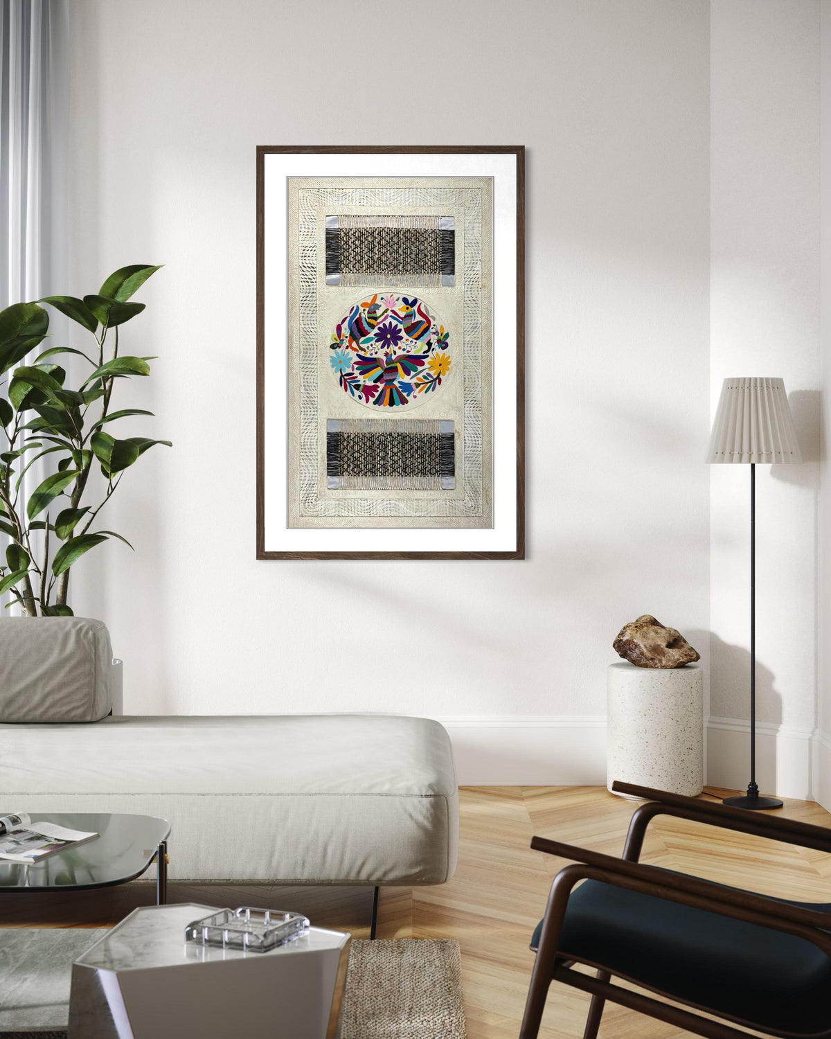 Gran Arte Mural Otomi en Papel Amate y Bordado Tenango Circular Hecho a Mano,Arte Mexicano Moderno XXL 47.2 in x 27.5 in (SIN MARCO)