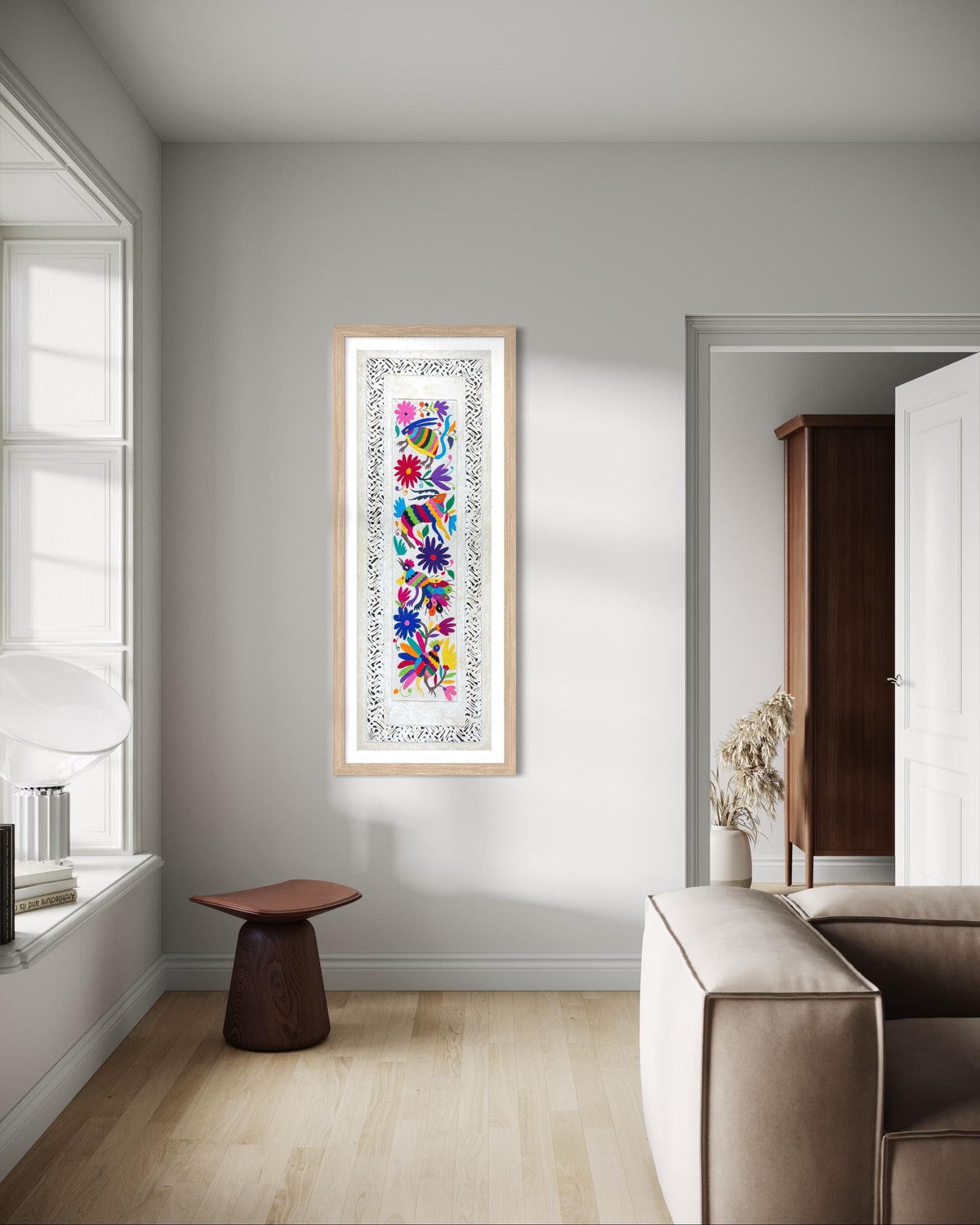 Arte Mural Mexicano en Papel Amate con Bordado de Tenango Hecho a Mano- 120 cm x 40 cm-Arte Bordado Otomí Moderno (SIN MARCO)