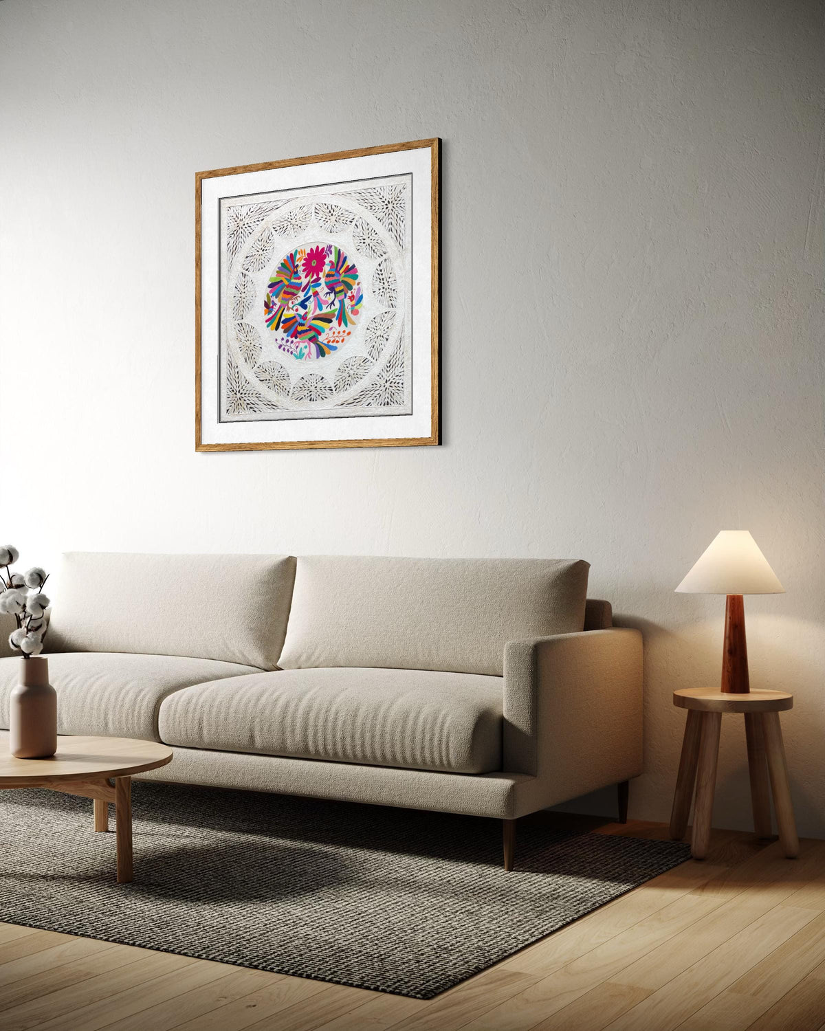 Arte Mural en Papel Amate Fusionado con Bordado Tenango Hecho a Mano-XL 31 x 31-Arte Mexicano Moderno (SIN MARCO)