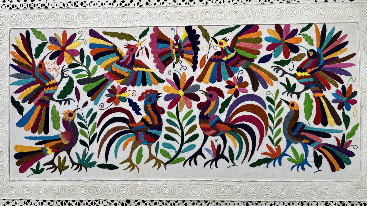 Arte Mural Mexicano en Papel Amate y Bordado Tenango Hecho A Mano - Arte de Pared Moderno XXL de 47.2 in X 27.5 in (SIN MARCO)