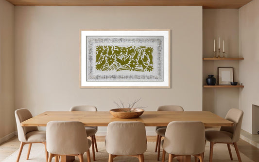Enorme Arte Mural Mexicano en Papel Amate y Bordado Tenango Hecho a Mano-Arte Otomi Moderno en Horizontal XXL 47.2 in x 27.5 in (SIN MARCO)